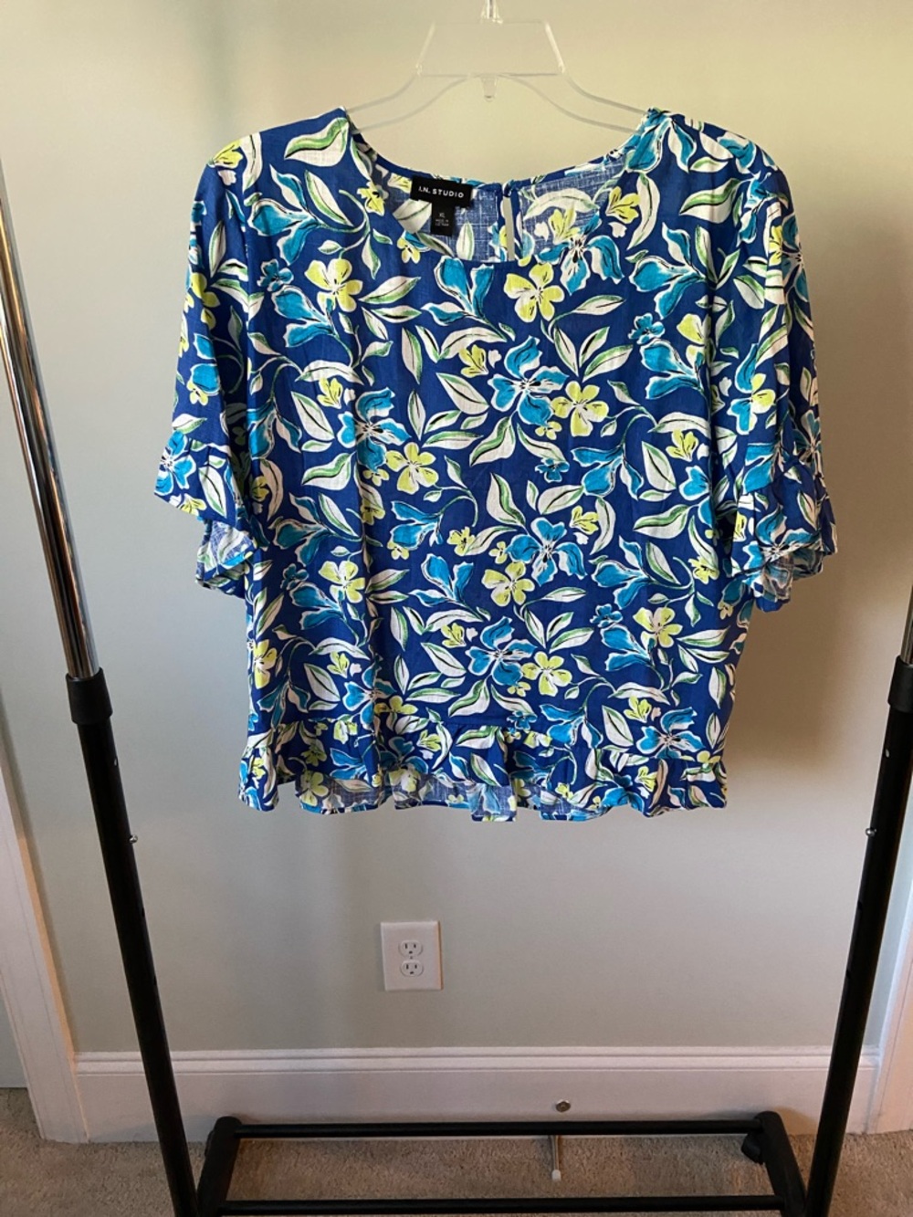 I.N. Studio Blue Floral Ruffle Sleeve Blouse